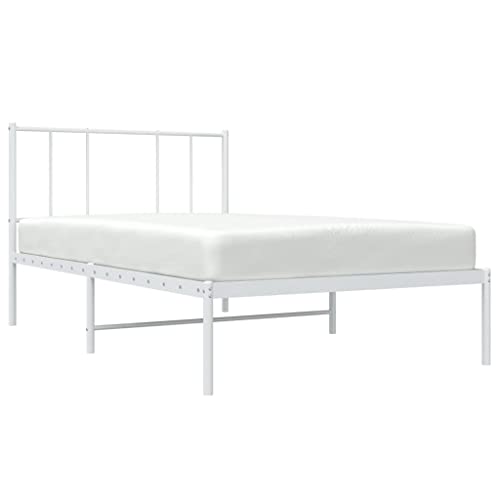 vidaXL Classic White Metal Bed Frame with Durable Powder-Coated Steel, Supportive Headboard, Robust Slats and Extra Storage Space – 39.4"x74.8"