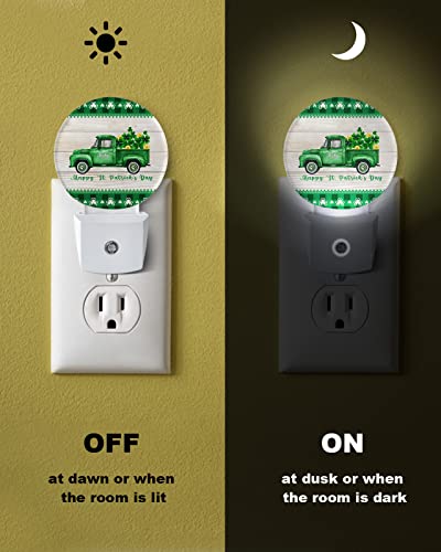 Night Light Plug into Wall, LED Nightlights St. Patrick's Day Green Truck Lucky Shamrocks Wood Grain Small Nightlight Auto Dusk-to-Dawn Sensor Lamp LED Night Lights for Kid's Bedroom, Bathroom