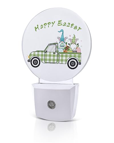 Night Light Plug into Wall, LED Nightlights Happy Easter Green Plaid Truck Pull Gnomes and Eggs Small Nightlight Auto Dusk-to-Dawn Sensor Lamp LED Night Lights for Kid's Bedroom, Bathroom