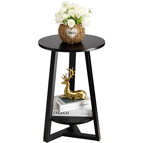 TINSAWOOD Black Side Table, Two-Tier Round End Table, Modern Small Side Table Living Room, Bedroom & Balcony, Black End Table with Storage Shelf with Solid Wooden Legs