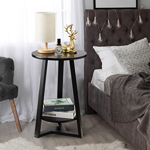 TINSAWOOD Black Side Table, Two-Tier Round End Table, Modern Small Side Table Living Room, Bedroom & Balcony, Black End Table with Storage Shelf with Solid Wooden Legs