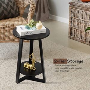 TINSAWOOD Black Side Table, Two-Tier Round End Table, Modern Small Side Table Living Room, Bedroom & Balcony, Black End Table with Storage Shelf with Solid Wooden Legs