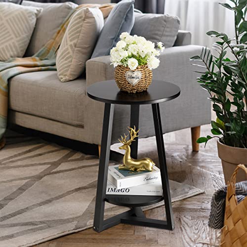 TINSAWOOD Black Side Table, Two-Tier Round End Table, Modern Small Side Table Living Room, Bedroom & Balcony, Black End Table with Storage Shelf with Solid Wooden Legs