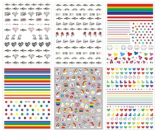 JMEOWIO 6 Sheets Rainbow Nail Art Stickers Decals Self-Adhesive Pegatinas Uñas Pride Day Nail Supplies Nail Art Design Decoration Accessories