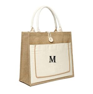 globyz jute bag with white canvas pocket and button closer burlap tote bag with initial tote present for birthday and holiday (m, large (14h*16l*7w))