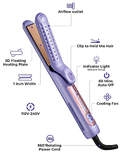 Air Hair Straightener and Curler 2 in 1,360° Airflow Curling Flat Iron, Hair Curler with Cooling Air Vents to Lock in Style,3D Floating Plate,15S PTC Fast Heat-Up,Lightweight & Dual Voltage for Travel