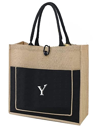 Globyz Jute Bag With Black Canvas Pocket And Button Closer Burlap Tote Bag With Initial Tote Present for Birthday And Holiday (Y, Small (12H*14L*5W))