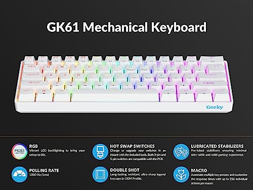 Geeky GK61 60% | Hot Swappable Mechanical Gaming Keyboard | 61 Keys Multi Color RGB LED Backlit for PC/Mac Gamer | ANSI US American Layout (White, Mechanical Red)