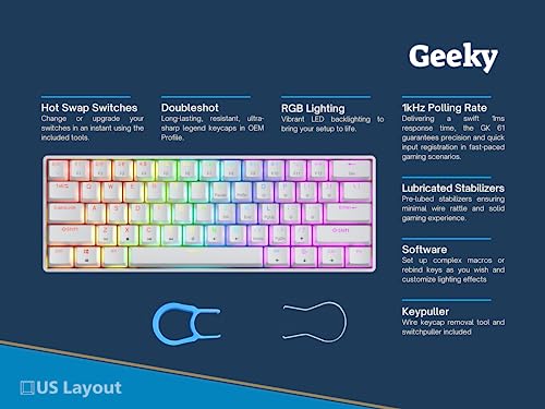 Geeky GK61 60% | Hot Swappable Mechanical Gaming Keyboard | 61 Keys Multi Color RGB LED Backlit for PC/Mac Gamer | ANSI US American Layout (White, Mechanical Red)