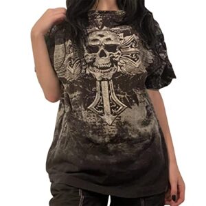 y2k graphic tees for women oversized short sleeve vintage aesthetic skull printed graphic baggy t shirts teen girls grunge tops summer clothes 90s streetwear clothing(white skull print, s)