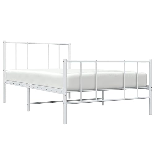 vidaXL Sturdy Steel Single Bed Frame with Headboard & Footboard - White - Metal Slats for Breathability - Convenient Under-Bed Storage Space - 81.5" x 41.3" x 35.4"