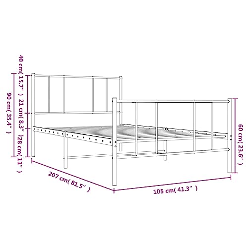 vidaXL Sturdy Steel Single Bed Frame with Headboard & Footboard - White - Metal Slats for Breathability - Convenient Under-Bed Storage Space - 81.5" x 41.3" x 35.4"