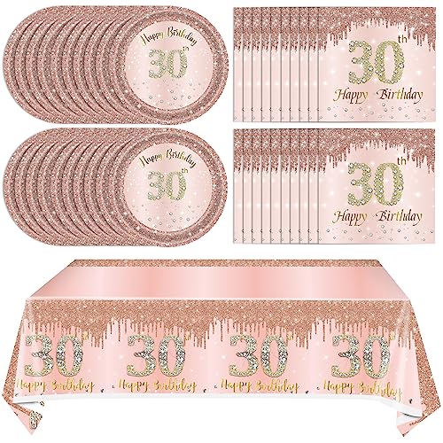 41Pcs 30th Birthday Decorations for Women, Rose Gold Birthday Party Supplies Include 20Pcs Plates 20Pcs Napkins and 1Piece Tablecloth, Pink 1993 Aged Birthday Party Tableware for 20 Guests