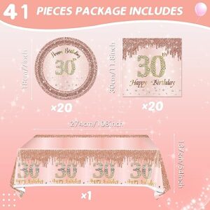 41Pcs 30th Birthday Decorations for Women, Rose Gold Birthday Party Supplies Include 20Pcs Plates 20Pcs Napkins and 1Piece Tablecloth, Pink 1993 Aged Birthday Party Tableware for 20 Guests