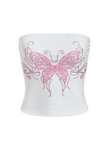 soly hux women's rhinestone butterfly print y2k crop tops sleeveless strapless summer bandeau tube top white butterfly s