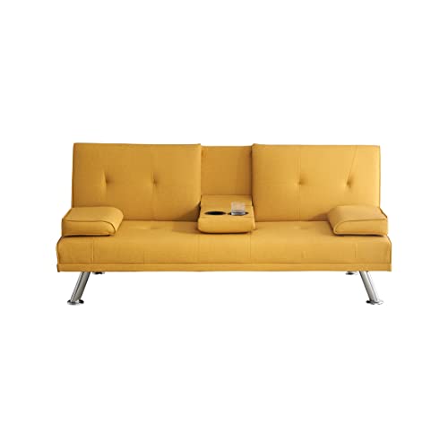 Anwick Modern Leather Futon Sofa Bed,Convertible Folding Couch Recliner Sleeper Loveseat for Small Space,Apartment,Office,Dorm,with Cup Holders and Removable Armrest (Yellow)