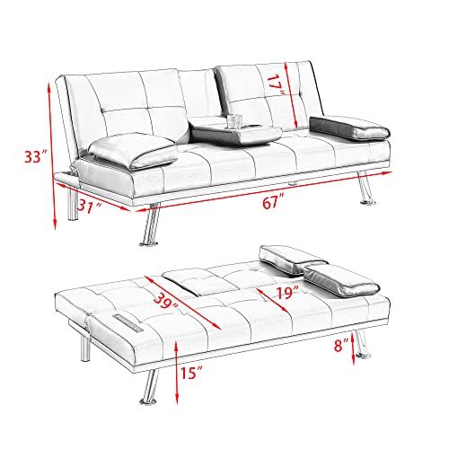 Anwick Modern Leather Futon Sofa Bed,Convertible Folding Couch Recliner Sleeper Loveseat for Small Space,Apartment,Office,Dorm,with Cup Holders and Removable Armrest (Yellow)