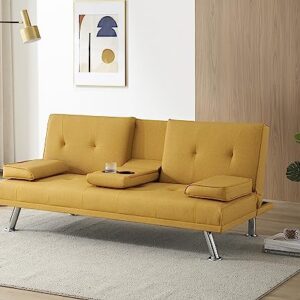 Anwick Modern Leather Futon Sofa Bed,Convertible Folding Couch Recliner Sleeper Loveseat for Small Space,Apartment,Office,Dorm,with Cup Holders and Removable Armrest (Yellow)