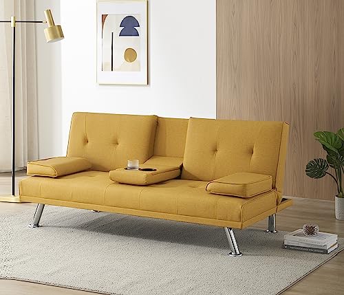 Anwick Modern Leather Futon Sofa Bed,Convertible Folding Couch Recliner Sleeper Loveseat for Small Space,Apartment,Office,Dorm,with Cup Holders and Removable Armrest (Yellow)