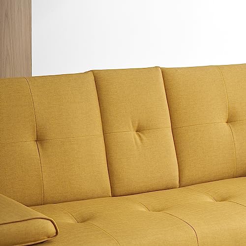 Anwick Modern Leather Futon Sofa Bed,Convertible Folding Couch Recliner Sleeper Loveseat for Small Space,Apartment,Office,Dorm,with Cup Holders and Removable Armrest (Yellow)