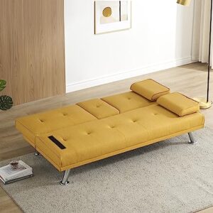 Anwick Modern Leather Futon Sofa Bed,Convertible Folding Couch Recliner Sleeper Loveseat for Small Space,Apartment,Office,Dorm,with Cup Holders and Removable Armrest (Yellow)