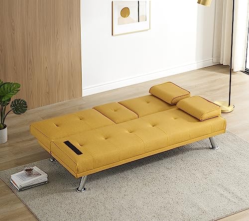 Anwick Modern Leather Futon Sofa Bed,Convertible Folding Couch Recliner Sleeper Loveseat for Small Space,Apartment,Office,Dorm,with Cup Holders and Removable Armrest (Yellow)