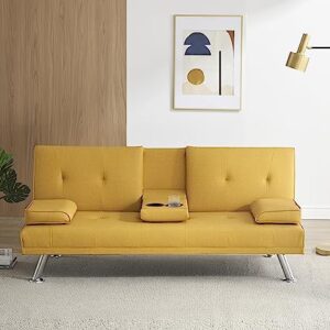 Anwick Modern Leather Futon Sofa Bed,Convertible Folding Couch Recliner Sleeper Loveseat for Small Space,Apartment,Office,Dorm,with Cup Holders and Removable Armrest (Yellow)