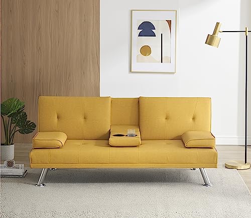 Anwick Modern Leather Futon Sofa Bed,Convertible Folding Couch Recliner Sleeper Loveseat for Small Space,Apartment,Office,Dorm,with Cup Holders and Removable Armrest (Yellow)