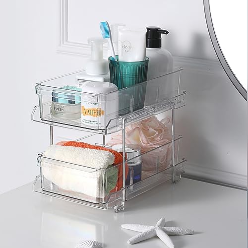 Pomeat 3 Set 2 Tier Clear Bathroom Cabinet Organizer with Dividers, Pull Out Bathroom Organizer Under Sink Organizers and Storage, Multi-Purpose for Kitchen Pantry Medicine Cabinet Organizer