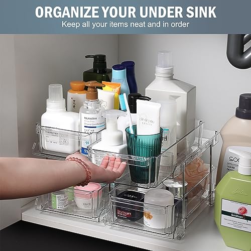 Pomeat 3 Set 2 Tier Clear Bathroom Cabinet Organizer with Dividers, Pull Out Bathroom Organizer Under Sink Organizers and Storage, Multi-Purpose for Kitchen Pantry Medicine Cabinet Organizer