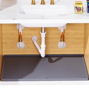 puricon under sink mat, 28” x 22” under sink mats for kitchen waterproof, silicone under sink liner under cabinet rubber mat protector, flexible under sink drip tray for 30” bathroom cabinet -gray