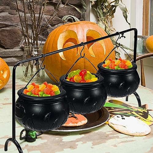 OMKNEPS Halloween Decor Party Decorations Cauldron: Set of 3 Witches Cauldron Serving Bowls on Rack - Black Candy Bucket Hocus Pocus Serving Bowls for Halloween Decorations Indoor Outdoor