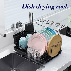 TOOLF Dish Drying Rack - Multifunctional Dish Rack for Kitchen Counter - Compact Dish Drainer with Cutlery & Cup Holders,Black