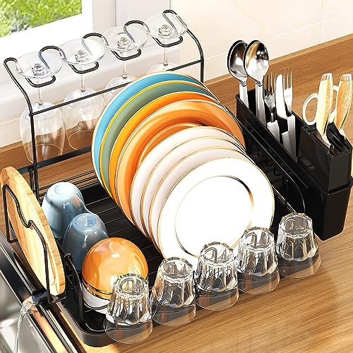 TOOLF Dish Drying Rack - Multifunctional Dish Rack for Kitchen Counter - Compact Dish Drainer with Cutlery & Cup Holders,Black