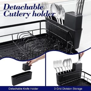 TOOLF Dish Drying Rack - Multifunctional Dish Rack for Kitchen Counter - Compact Dish Drainer with Cutlery & Cup Holders,Black