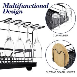 TOOLF Dish Drying Rack - Multifunctional Dish Rack for Kitchen Counter - Compact Dish Drainer with Cutlery & Cup Holders,Black