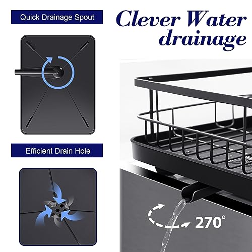 TOOLF Dish Drying Rack - Multifunctional Dish Rack for Kitchen Counter - Compact Dish Drainer with Cutlery & Cup Holders,Black