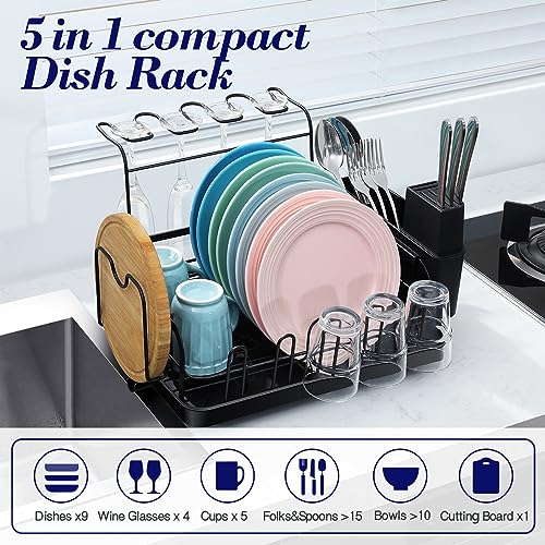 TOOLF Dish Drying Rack - Multifunctional Dish Rack for Kitchen Counter - Compact Dish Drainer with Cutlery & Cup Holders,Black