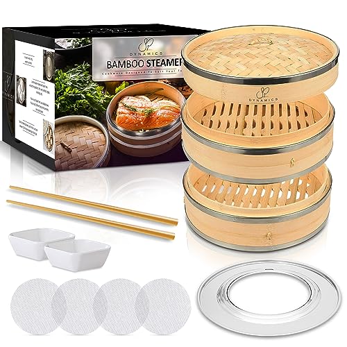 SP Dynamics Bamboo Steamer Basket Set Chinese Cuisine 10-inch 2 Tiers Steaming Basket for Cooking with Chopsticks, Sauce Dishes, and Reusable Liners - Dumpling Steamer Baskets