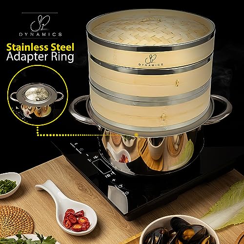 SP Dynamics Bamboo Steamer Basket Set Chinese Cuisine 10-inch 2 Tiers Steaming Basket for Cooking with Chopsticks, Sauce Dishes, and Reusable Liners - Dumpling Steamer Baskets