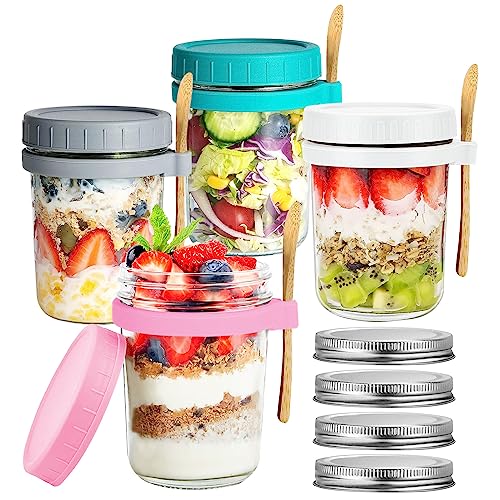 KPWIN 4 Set Overnight Oats Jars with Lid and Spoon, Glass Mason Jars for Overnight Oats 16 oz, Oatmeal Container Meal Prep Storage Jars, Large Capacity Airtight Jars for Milk, Cereal, Fruit