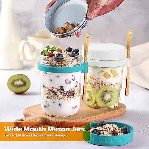 KPWIN 4 Set Overnight Oats Jars with Lid and Spoon, Glass Mason Jars for Overnight Oats 16 oz, Oatmeal Container Meal Prep Storage Jars, Large Capacity Airtight Jars for Milk, Cereal, Fruit