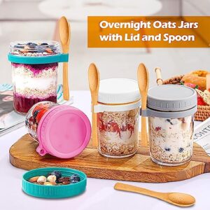 KPWIN 4 Set Overnight Oats Jars with Lid and Spoon, Glass Mason Jars for Overnight Oats 16 oz, Oatmeal Container Meal Prep Storage Jars, Large Capacity Airtight Jars for Milk, Cereal, Fruit