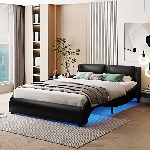 BIADNBZ Full Size Wavy Platform Bed with Adjustable LED Light, Modern Upholstered Faux Leather Bedframe for Kids w/Wooden Slats Support, No Box Spring Needed, Easy Assembly, Black