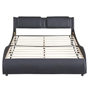 BIADNBZ Full Size Wavy Platform Bed with Adjustable LED Light, Modern Upholstered Faux Leather Bedframe for Kids w/Wooden Slats Support, No Box Spring Needed, Easy Assembly, Black