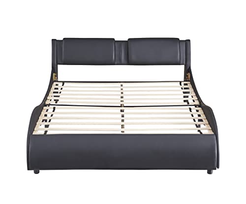 BIADNBZ Full Size Wavy Platform Bed with Adjustable LED Light, Modern Upholstered Faux Leather Bedframe for Kids w/Wooden Slats Support, No Box Spring Needed, Easy Assembly, Black