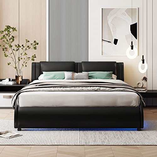 BIADNBZ Full Size Wavy Platform Bed with Adjustable LED Light, Modern Upholstered Faux Leather Bedframe for Kids w/Wooden Slats Support, No Box Spring Needed, Easy Assembly, Black