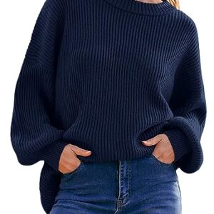 PRETTYGARDEN Long Sleeve Oversized Sweaters for Women Fall 2023 Crew Neck Solid Color Casual Knit Pullover Sweater Tops (Navy,Small)