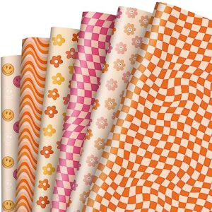 whaline 12pcs retro groovy wrapping paper boho daisy face checkered gift wrap bulk art paper folded flat for baby shower birthday wedding diy crafts gift packing, 19.7 x 27.6 inch