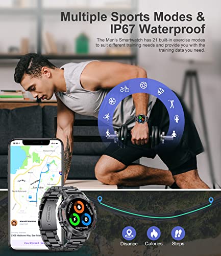 Military Smart Watches for Men, Smart Watch with Bluetooth Voice Call Compatible Android iOS Phone, Smartwatch with Heart Rate SpO2 Blood Pressure Sleep Monitor, IP67 Waterproof Tactical Watch, 400mAh